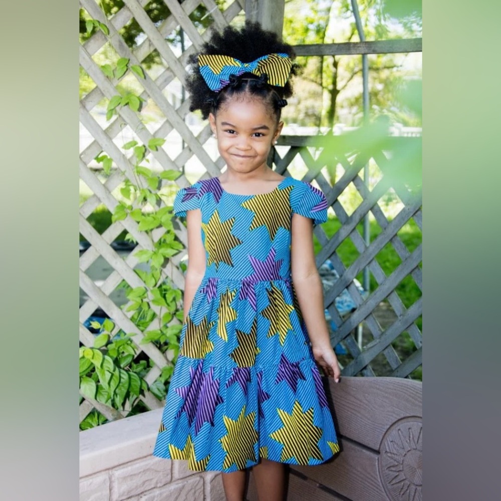 Ade Ori Handmade African Wax Print Aja Girl Dress Blue and Yellow Stars Sz. 6-7